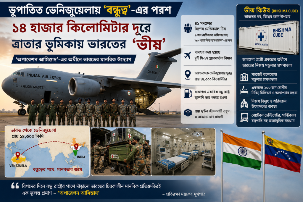ভেনিজুয়েলায় সাহায্য নিয়ে যাচ্ছে ভারতের সি-১৭ গ্লোবমাস্টার ও ভীষ্ম কিউব