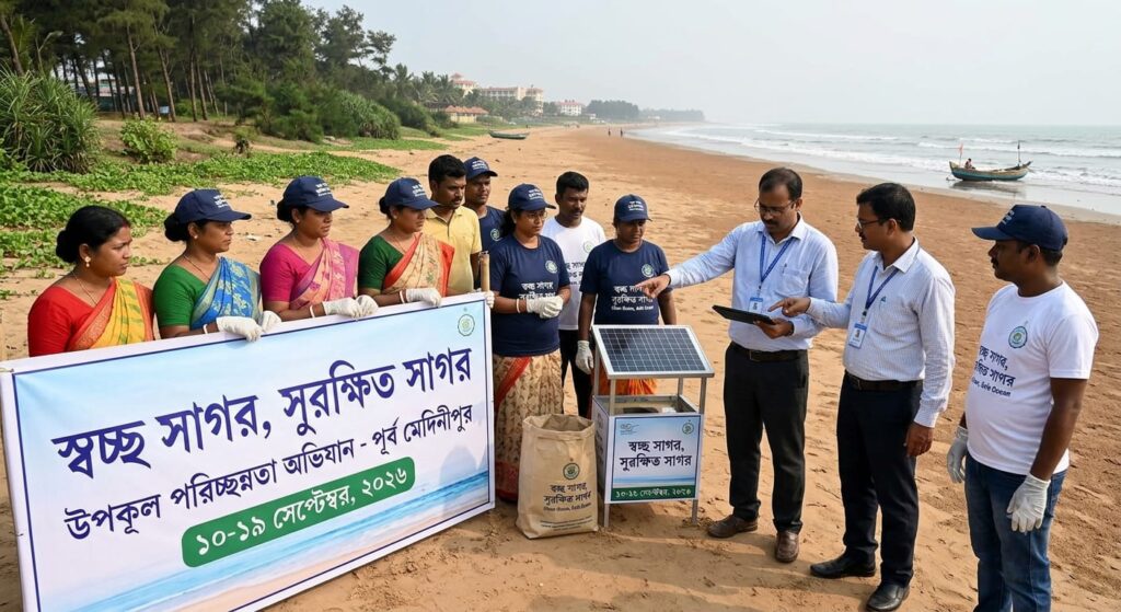 দীঘা সমুদ্র সৈকতে পরিচ্ছন্নতা অভিযানে অংশগ্রহণকারী স্বেচ্ছাসেবকরা, 'স্বচ্ছ সাগর, সুরক্ষিত সাগর' অভিযান ২০২৬। AI IMAGE