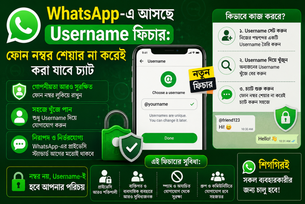 WhatsApp :ফোন নম্বর শেয়ার না করেই করা যাবে চ্যাট, ‘ইউজারনেম’ সংরক্ষণের সুবিধা নিয়ে এল হোয়াটসঅ্যাপ